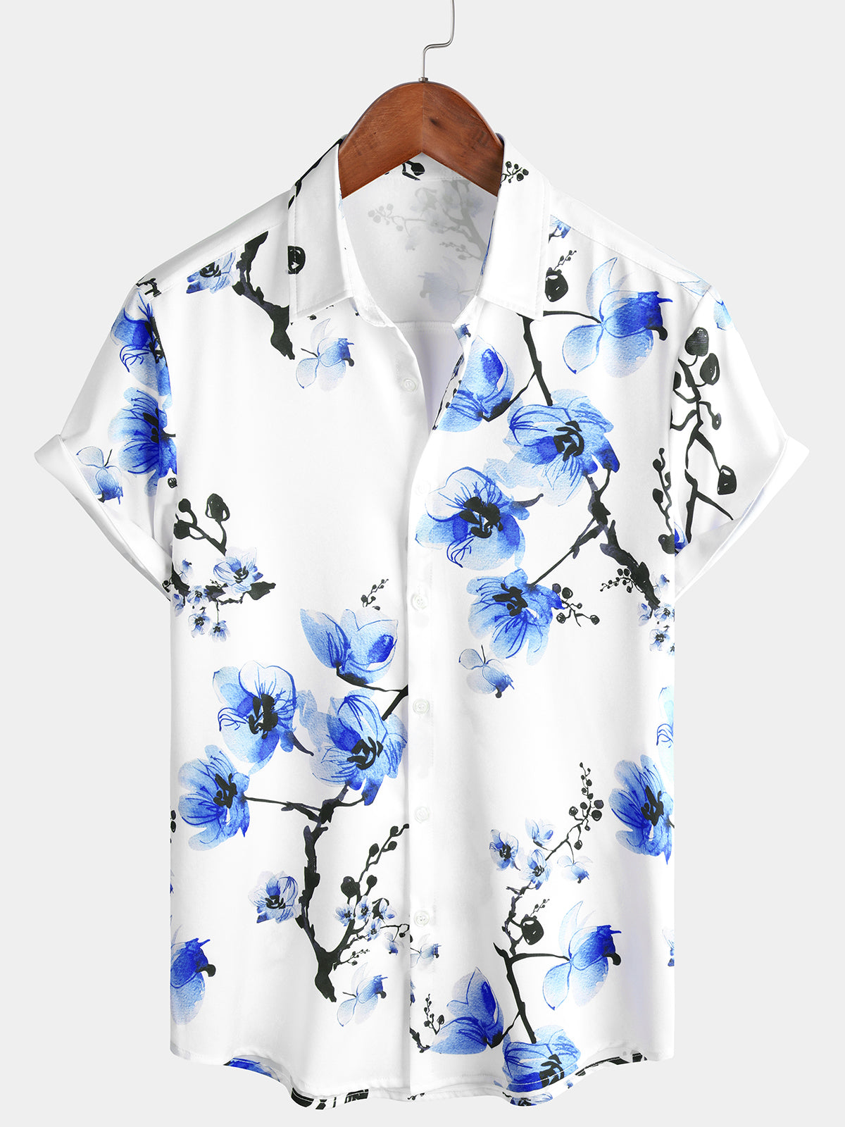 Camicia casual da uomo con stampa floreale blu