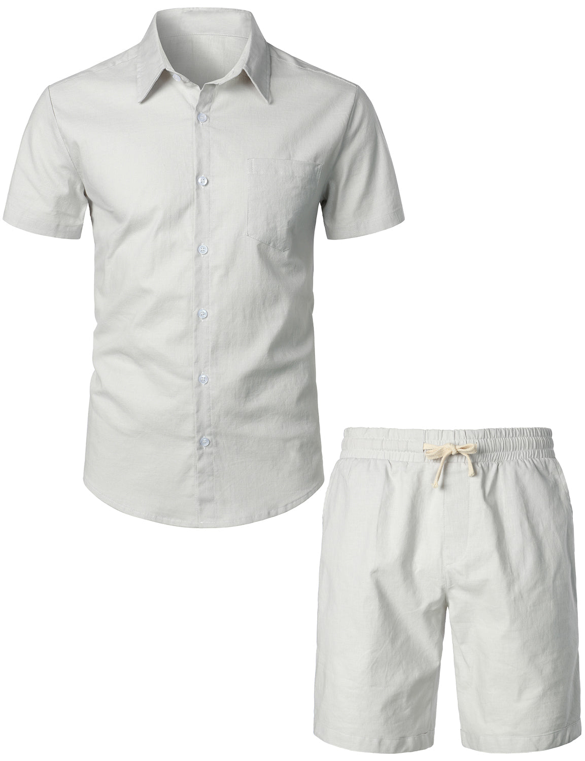 Set da uomo in lino e cotone color blu navy, composto da camicia a maniche corte con tasche e pantaloni corti abbinati