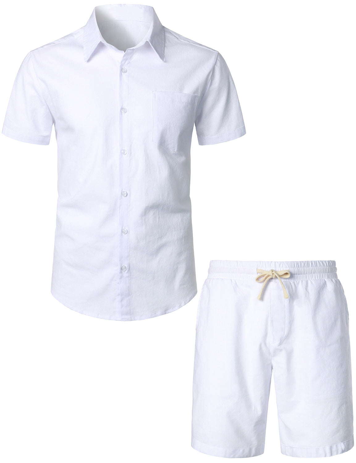 Set da uomo in lino e cotone color blu navy, composto da camicia a maniche corte con tasche e pantaloni corti abbinati