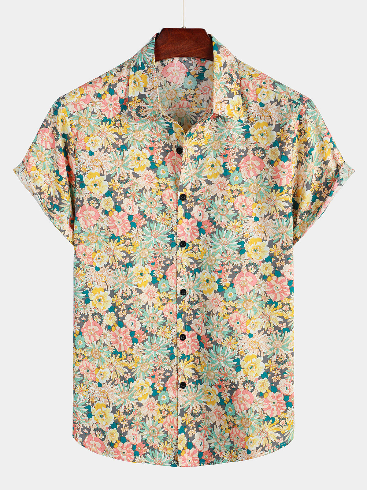 Camicia corta da uomo casual in cotone con bottoni e stampa floreale