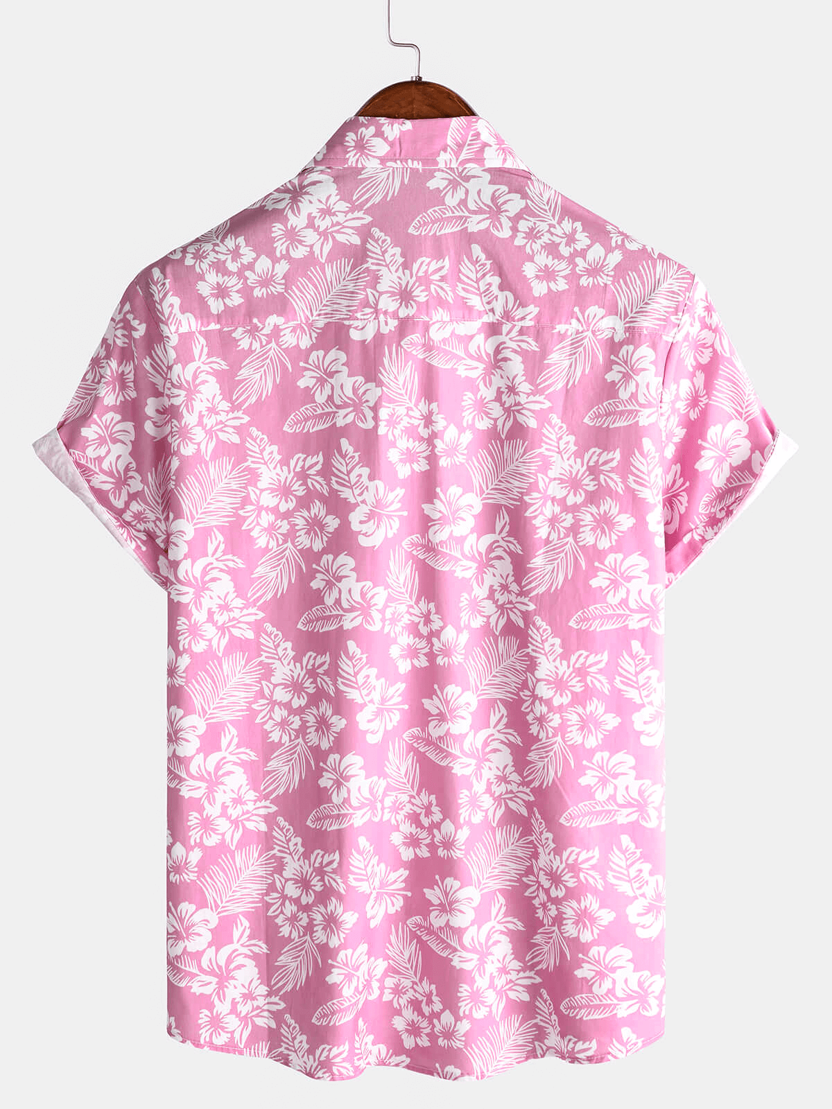 Camicia da uomo a maniche corte con motivo floreale hawaiano in cotone rosa
