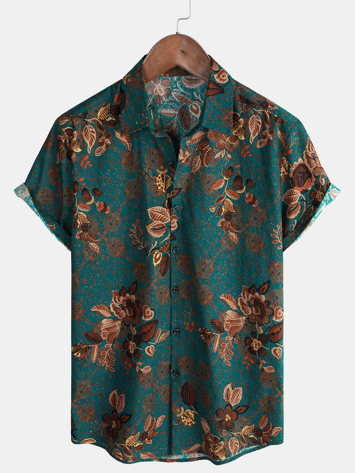 Camicia a maniche corte da uomo in cotone vintage verde floreale