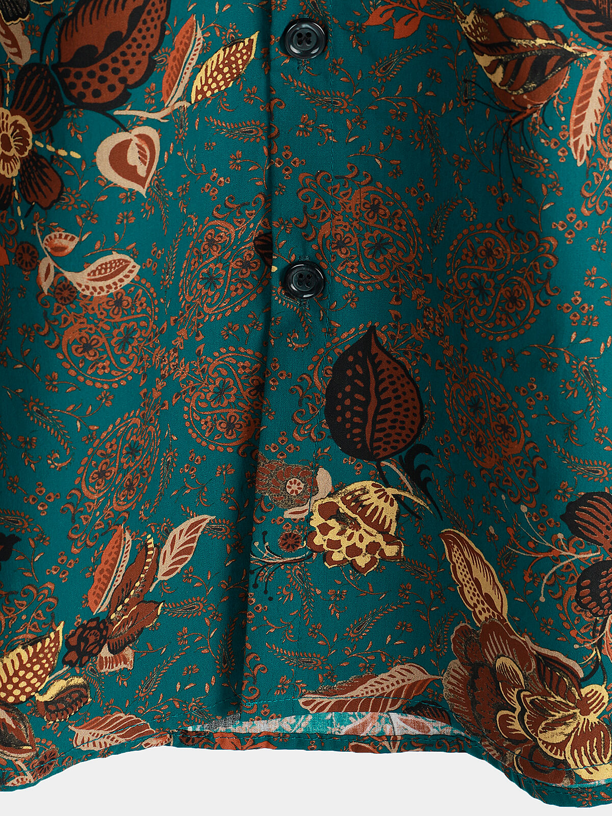 Camicia a maniche corte da uomo in cotone vintage verde floreale