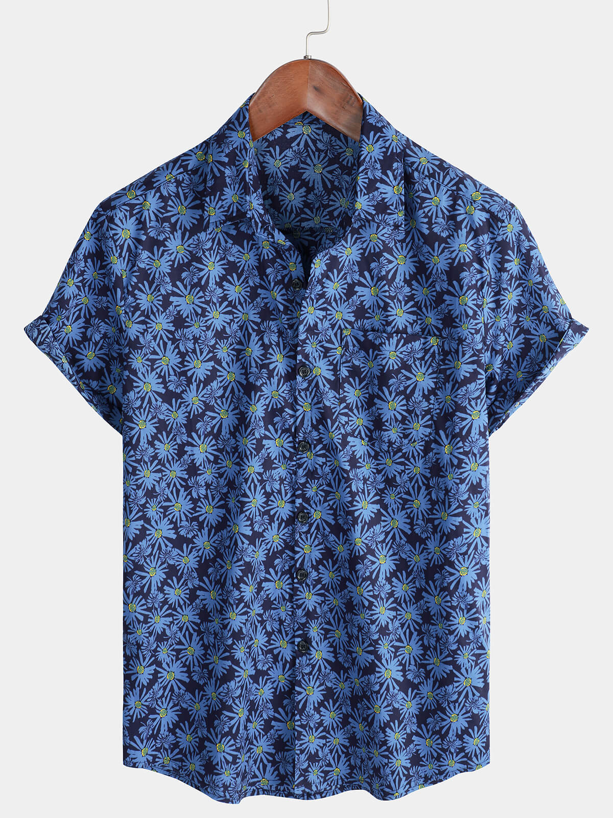 Camicia da spiaggia da uomo in cotone con motivo floreale a margherite e maniche corte