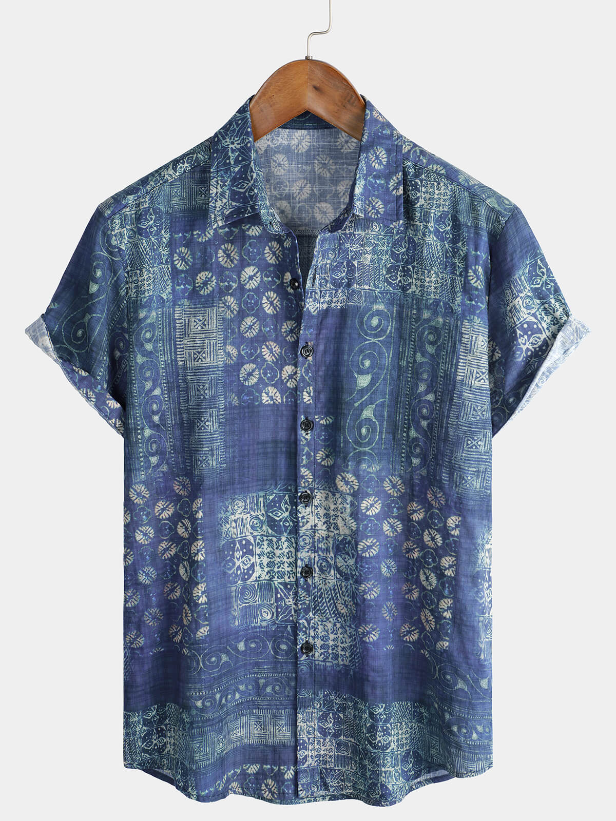 Camicia estiva a maniche corte da spiaggia vintage blu da uomo
