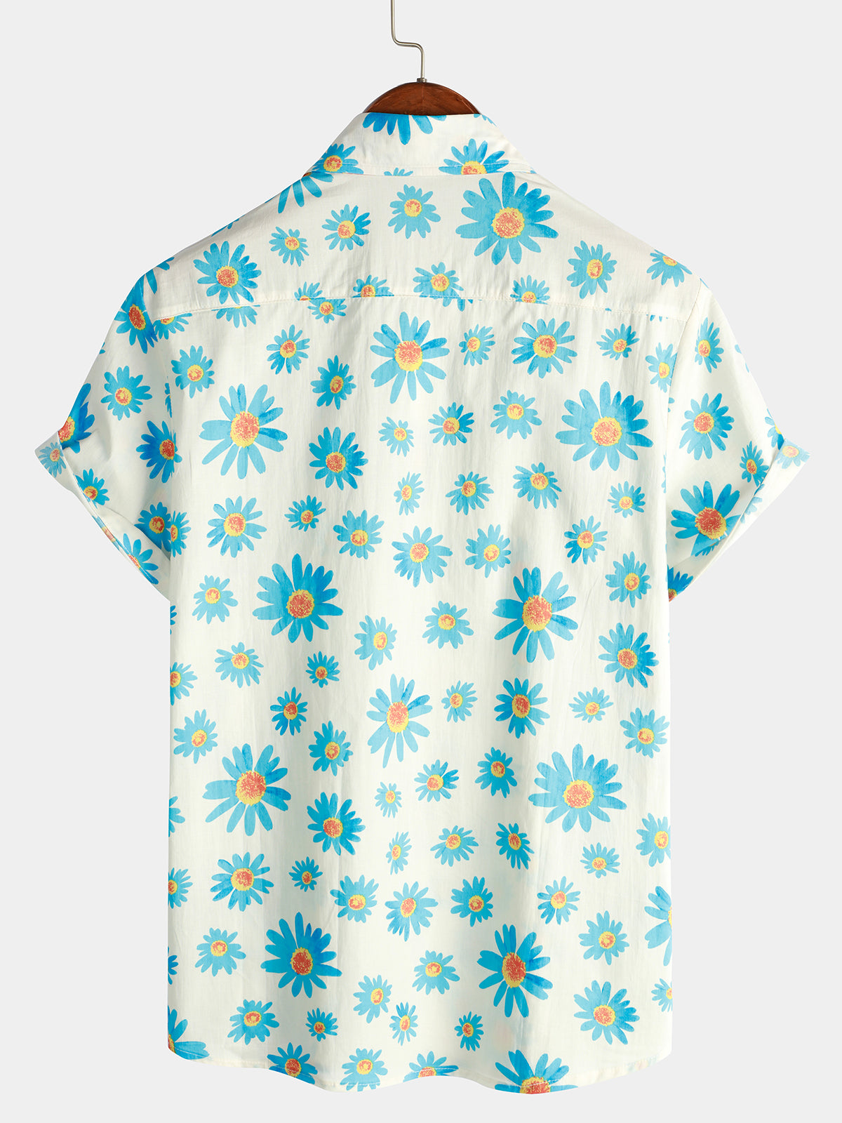 Camicia estiva a maniche corte con stampa a margherita blu da uomo