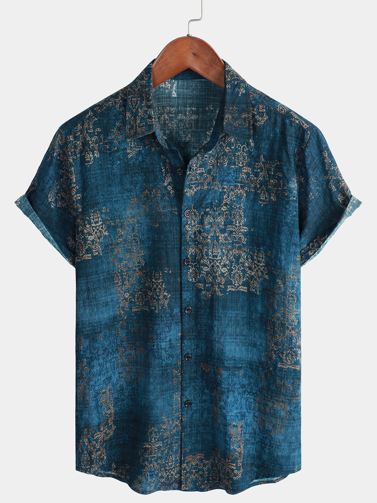 Camicia da uomo a maniche corte in cotone blu vintage