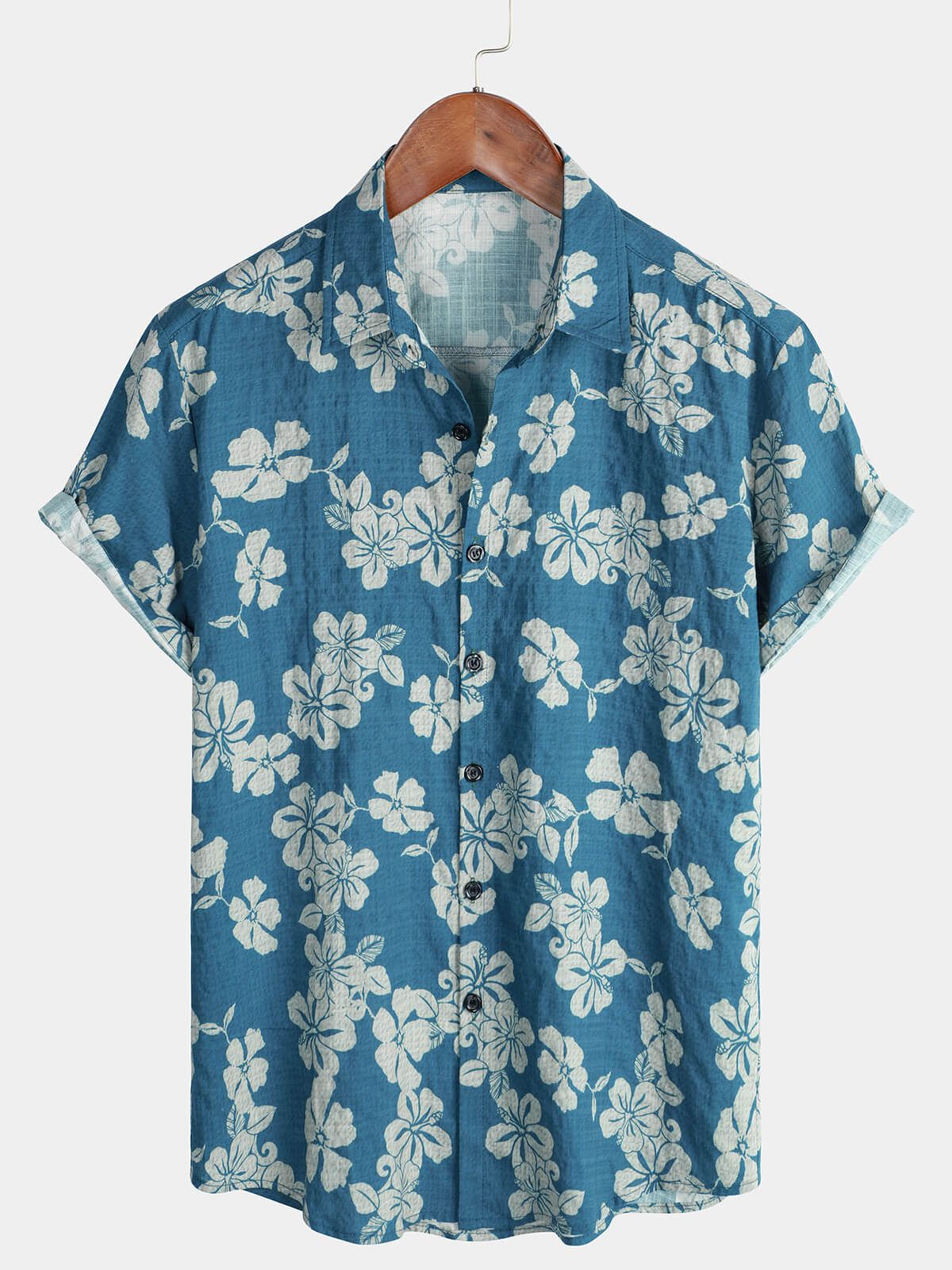 Camicia hawaiana a maniche corte con motivo floreale blu da uomo