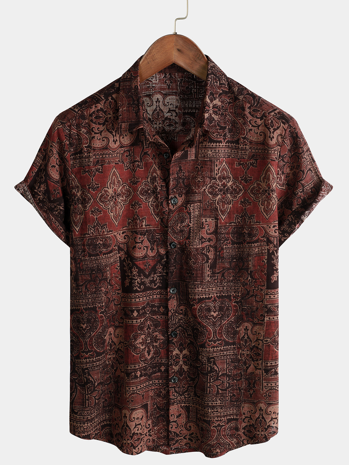 Camicia a maniche corte con stampa paisley floreale retrò da uomo