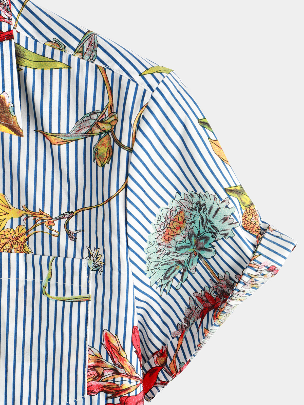 Camicia hawaiana a maniche corte con tasca da uomo a righe e stampa floreale