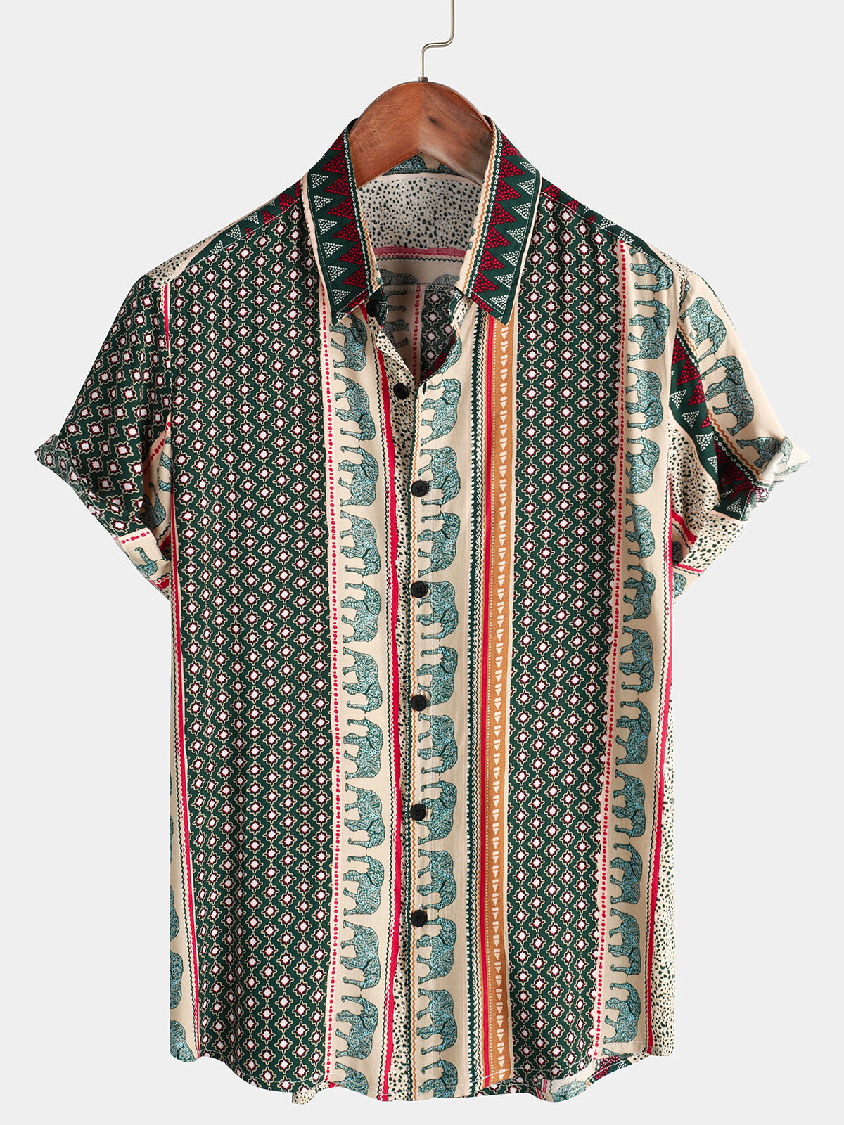 Camicia a maniche corte con stampa a righe retrò da uomo