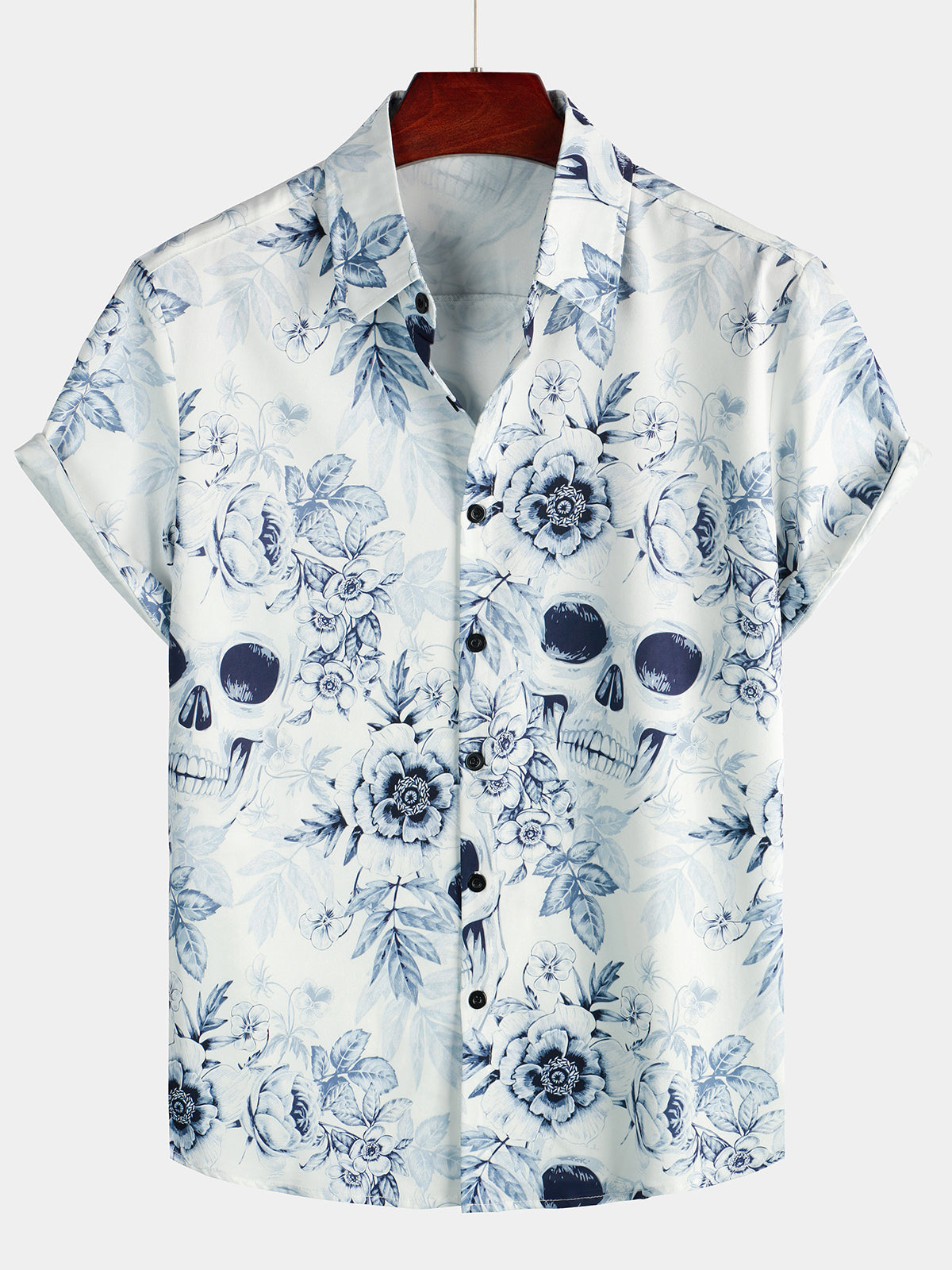 Camicia a maniche corte da uomo con stampa teschio e fiori