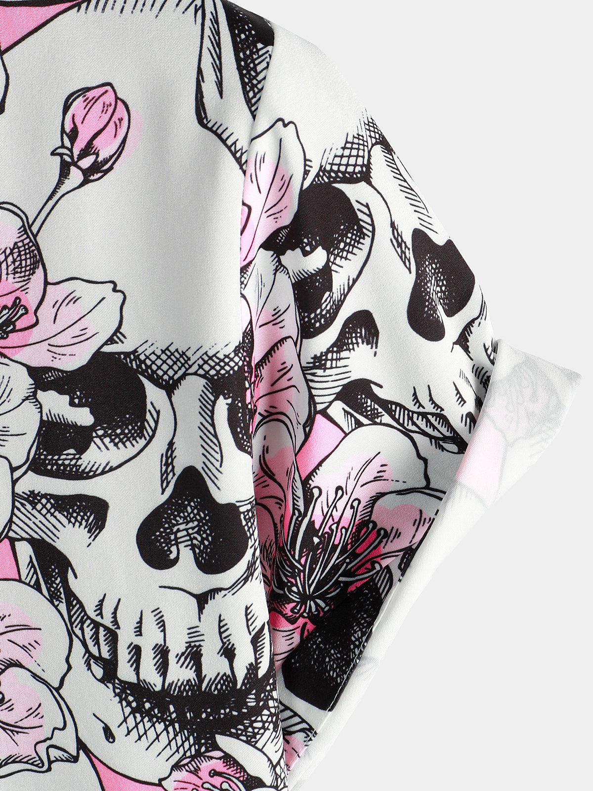Camicia a maniche corte con motivo floreale rosa con teschio da uomo