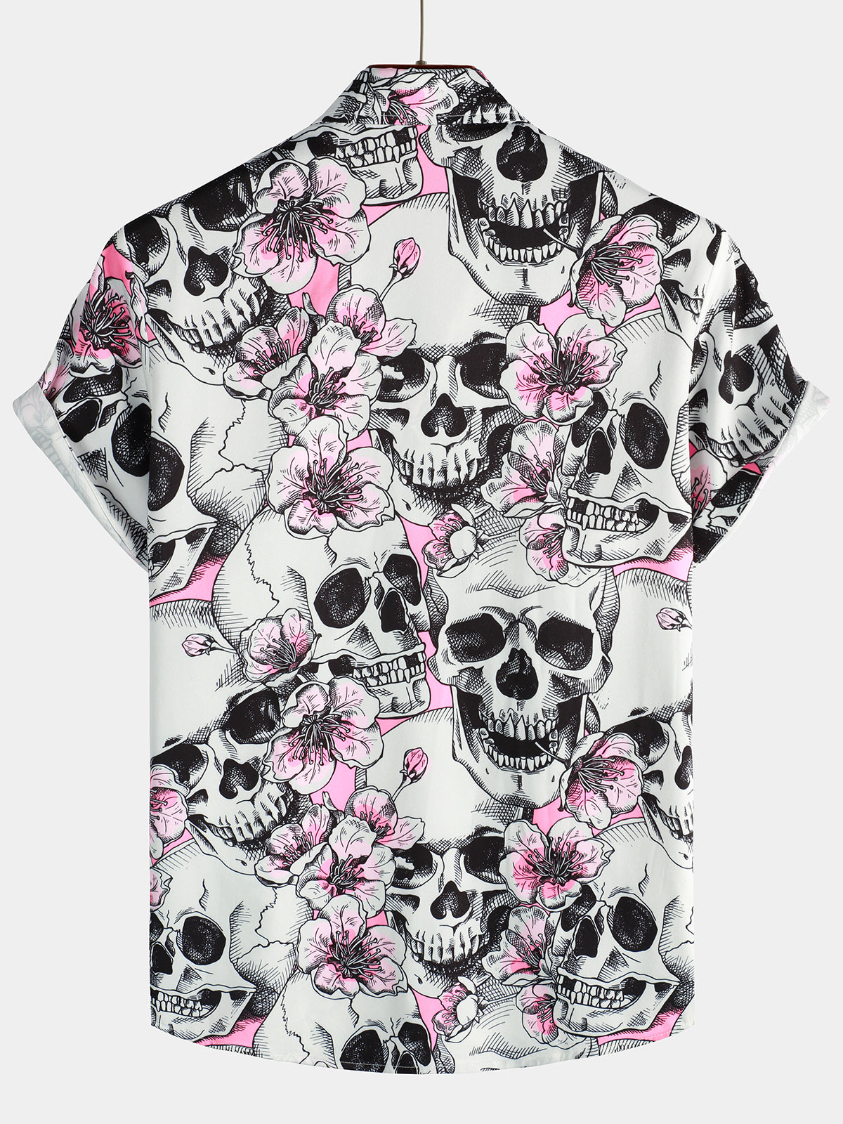 Camicia a maniche corte con motivo floreale rosa con teschio da uomo