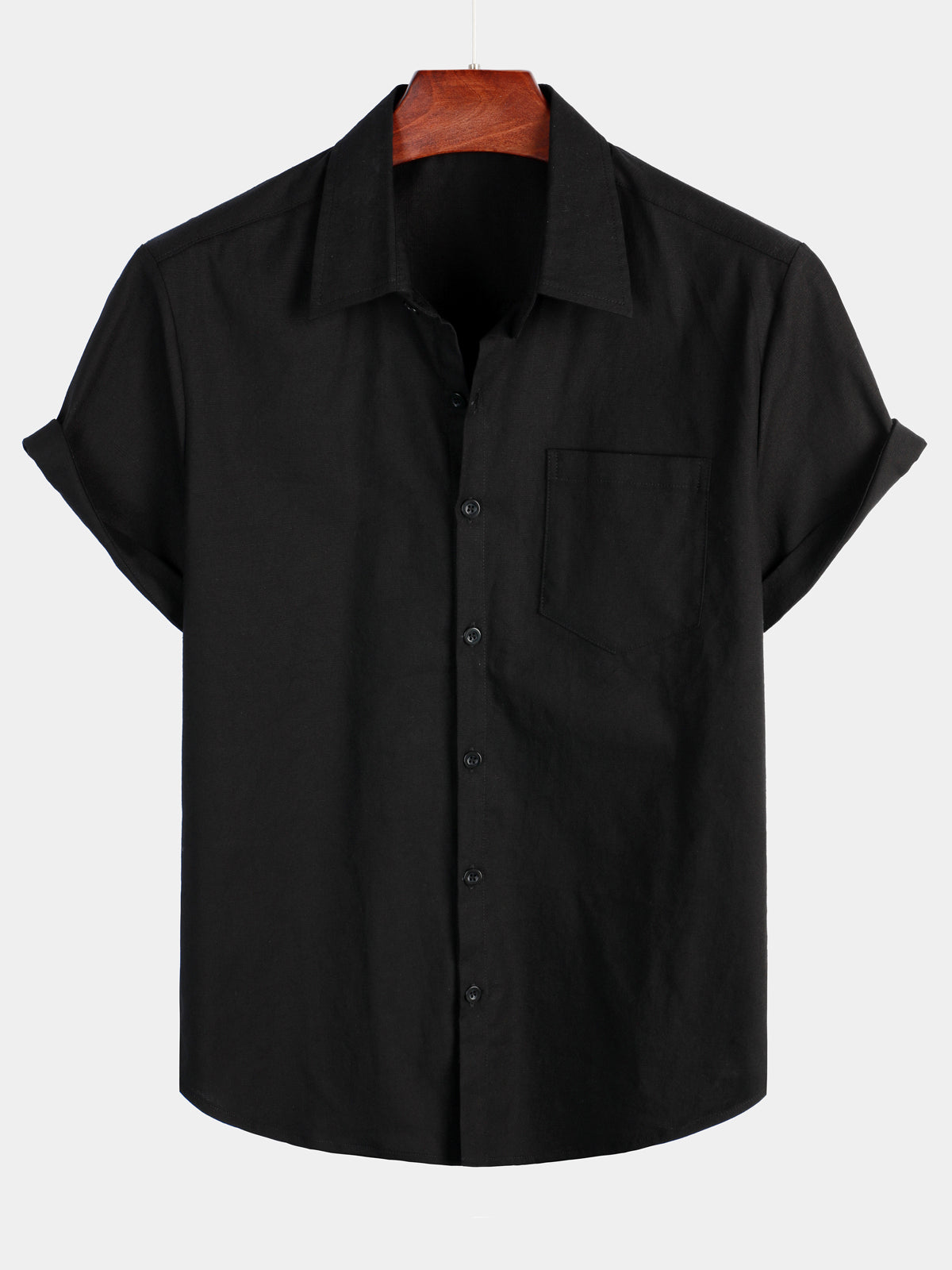 Camicia casual a maniche corte in lino e cotone a tinta unita con tasca per uomo