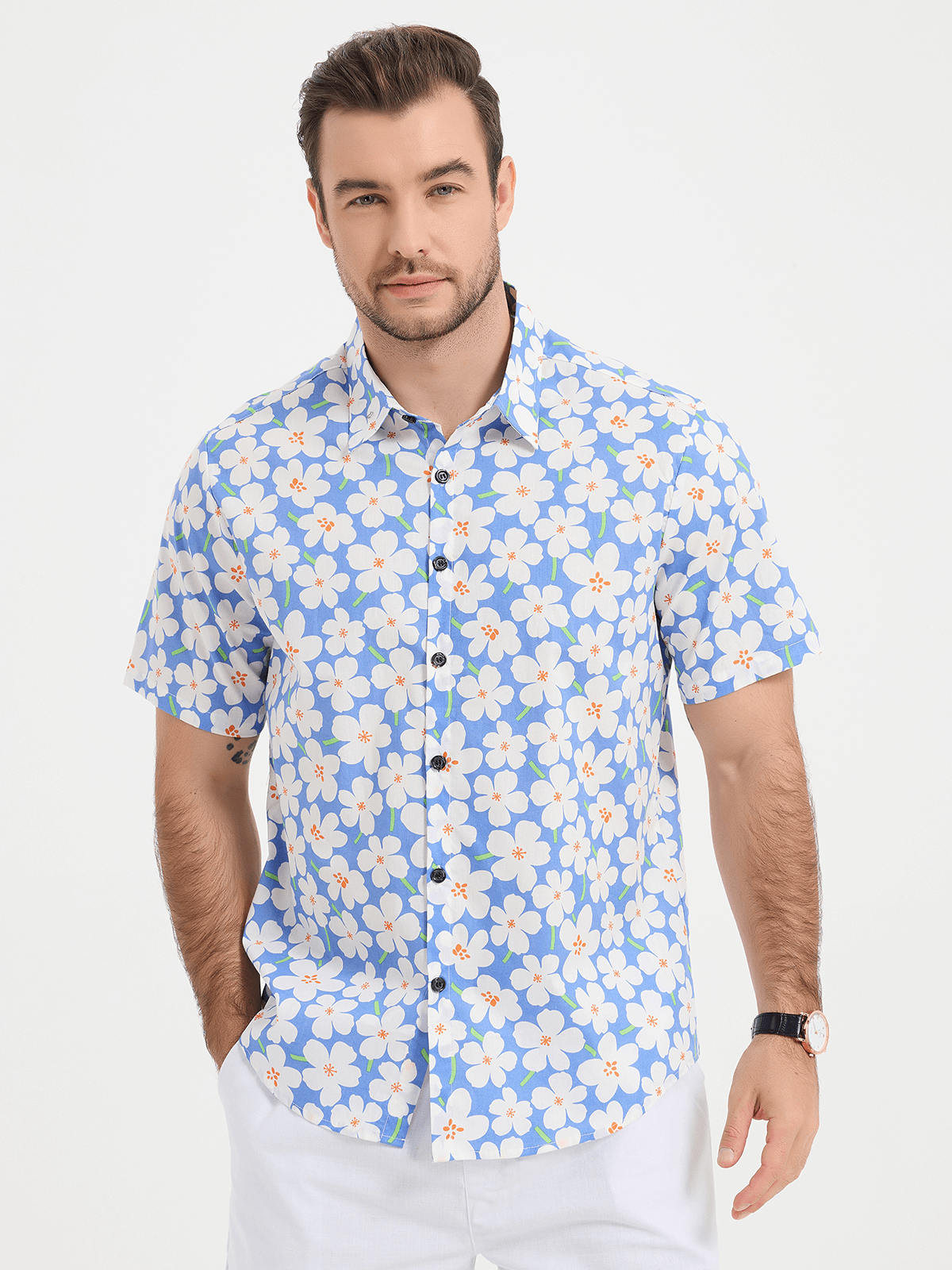 Camicia uomo estiva a maniche corte con stampa floreale