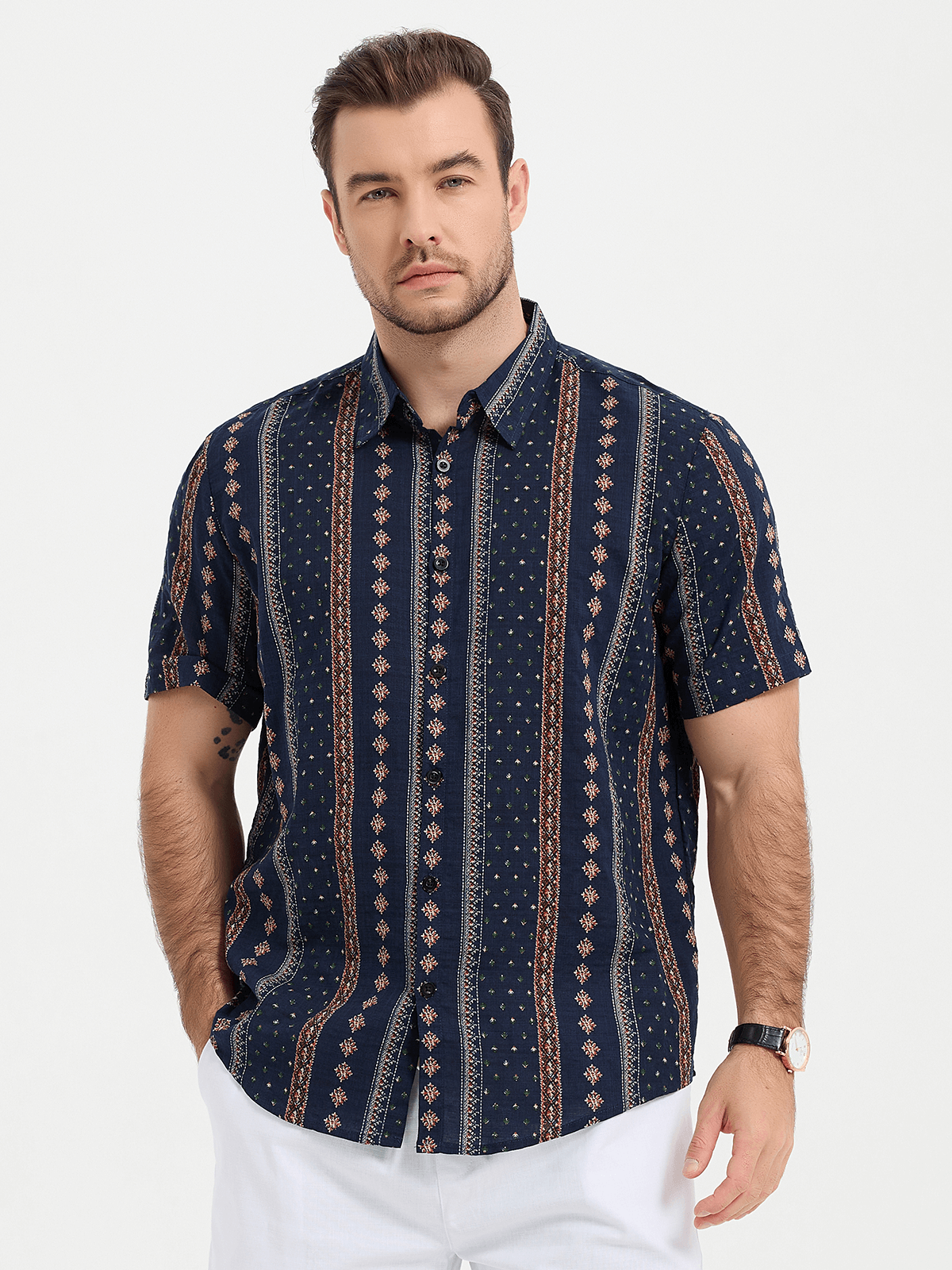 Camicia corta da uomo retrò in cotone degli anni '70 con bottoni