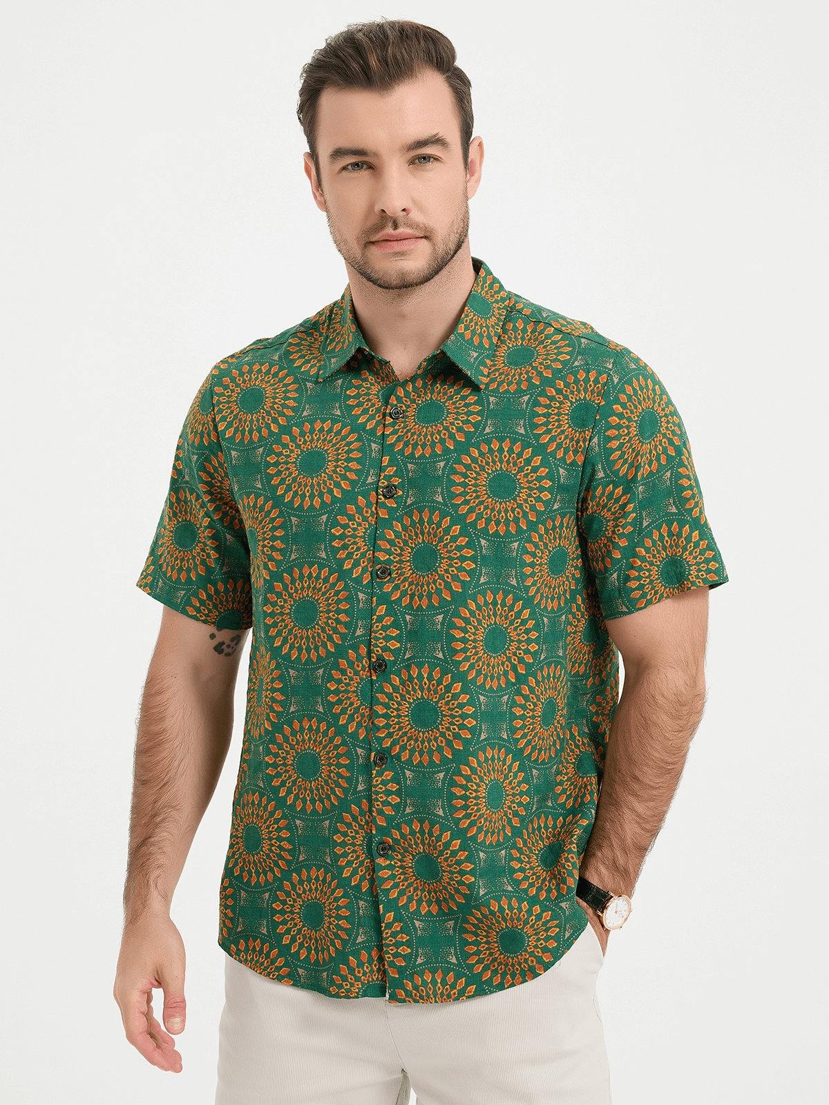 Camicia da uomo in cotone vintage a maniche corte