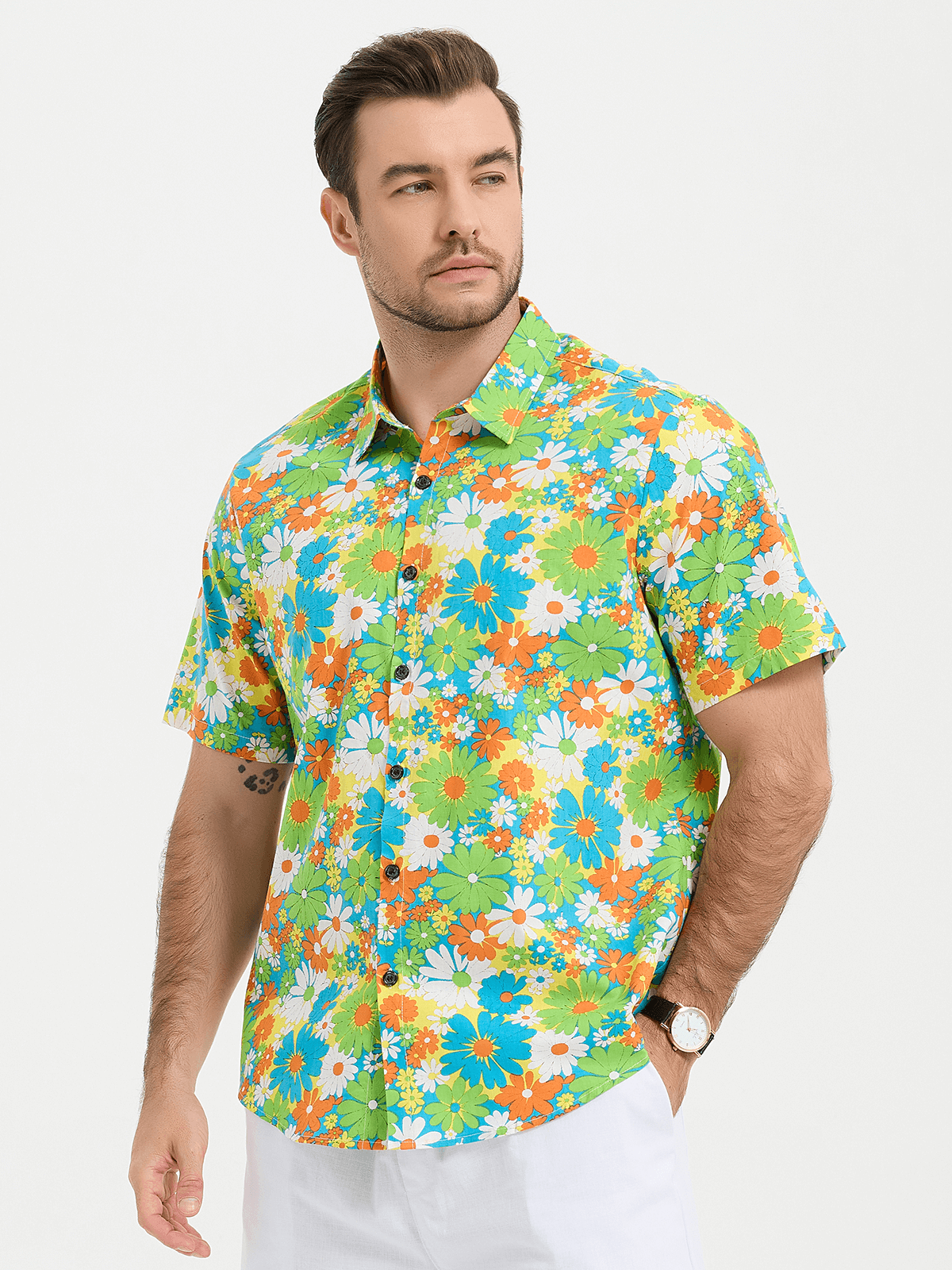 Camicia hawaiana tropicale in cotone floreale verde da uomo