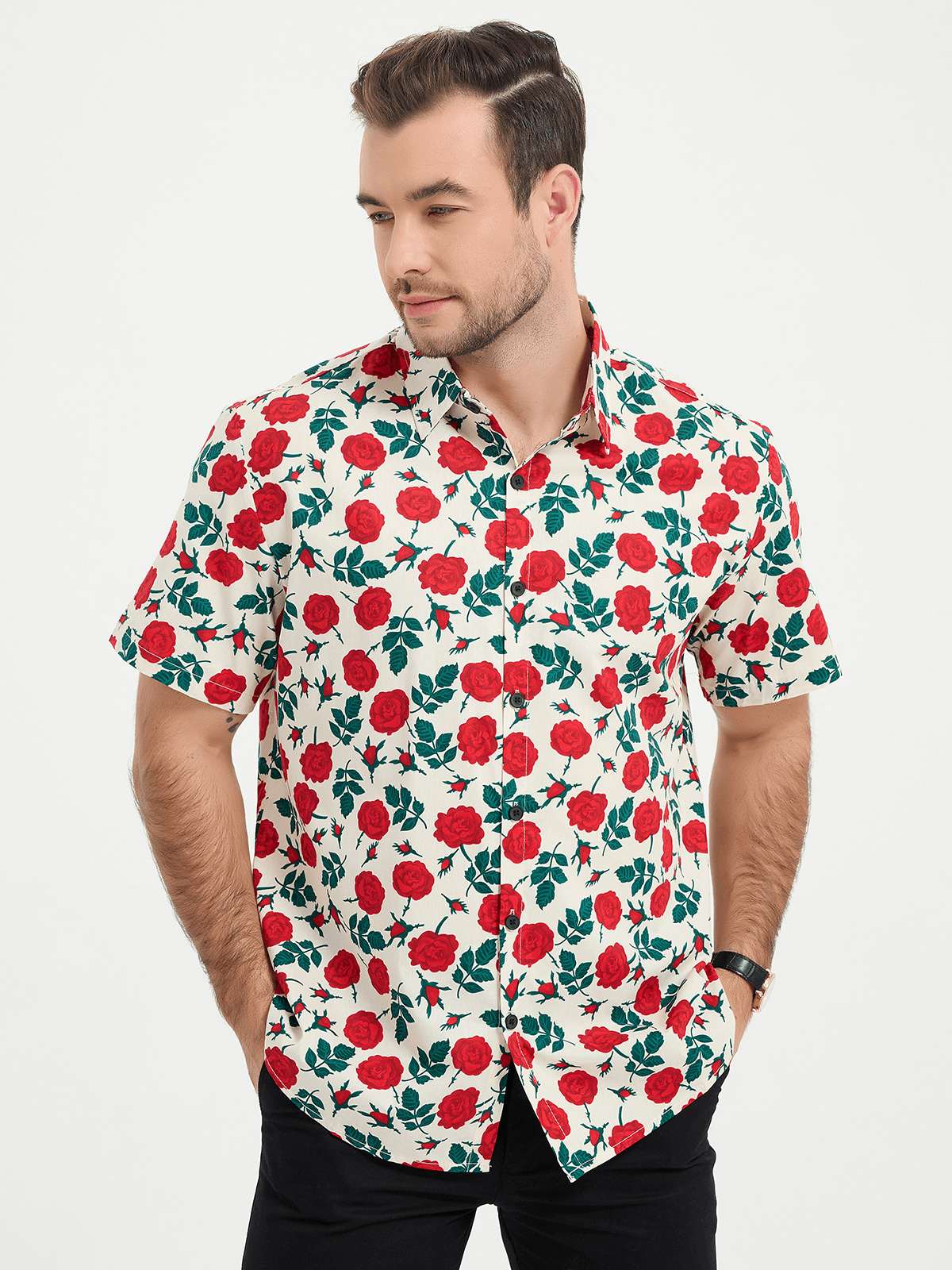Camicia uomo estiva in cotone con stampa rose