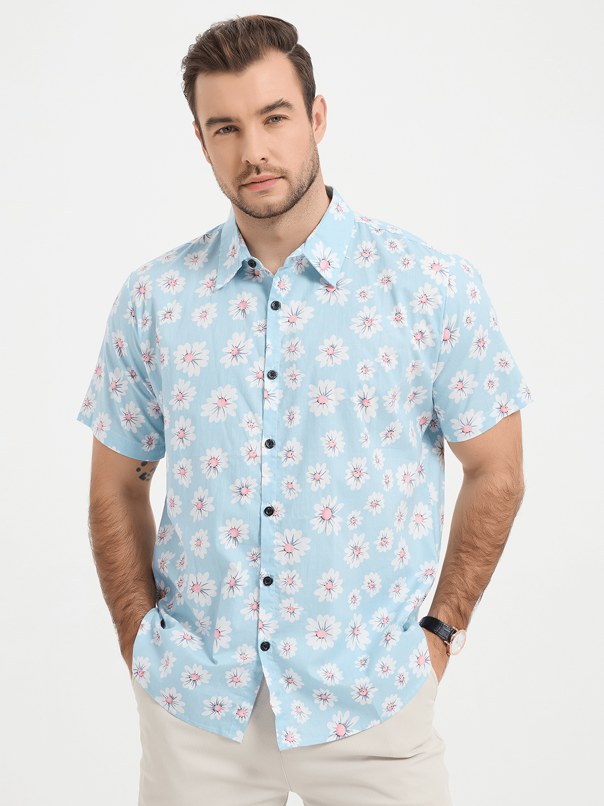 Camicia a maniche corte con stampa a fiori di margherite da uomo