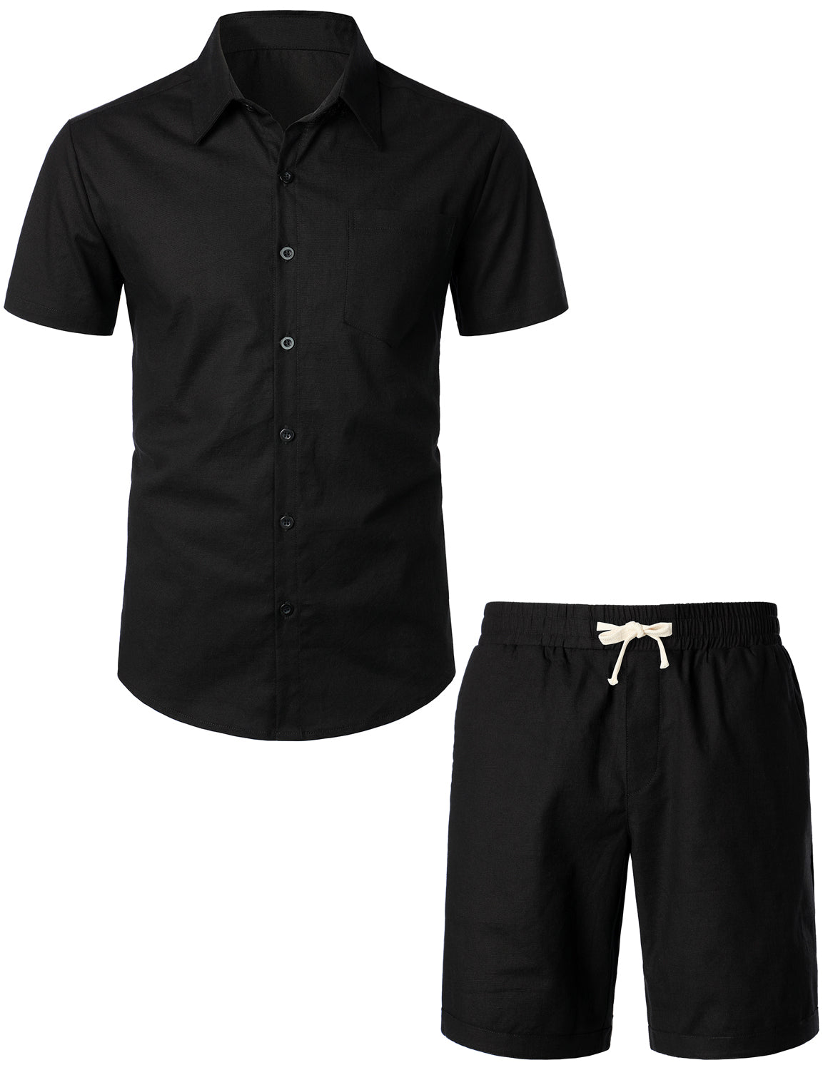 Set da uomo in lino e cotone color blu navy, composto da camicia a maniche corte con tasche e pantaloni corti abbinati