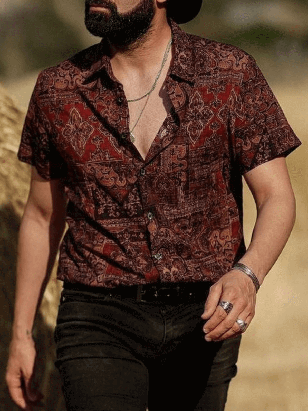 Camicia a maniche corte con stampa paisley floreale retrò da uomo