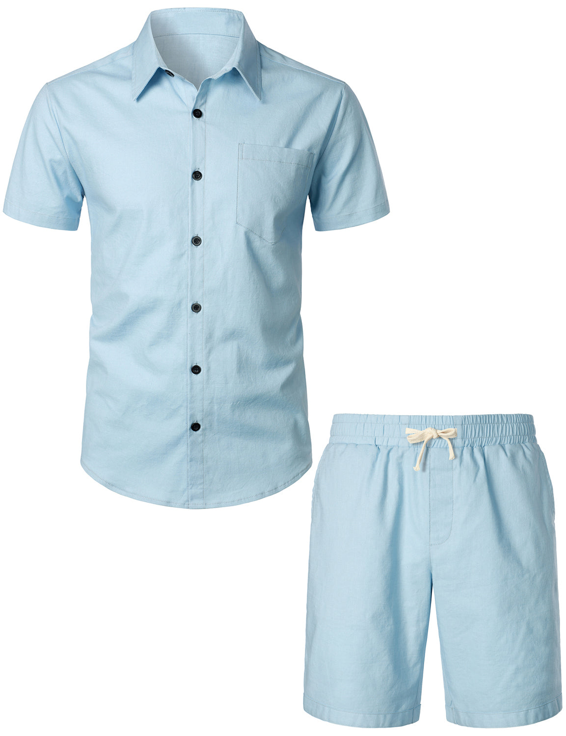 Set da uomo in lino e cotone color blu navy, composto da camicia a maniche corte con tasche e pantaloni corti abbinati