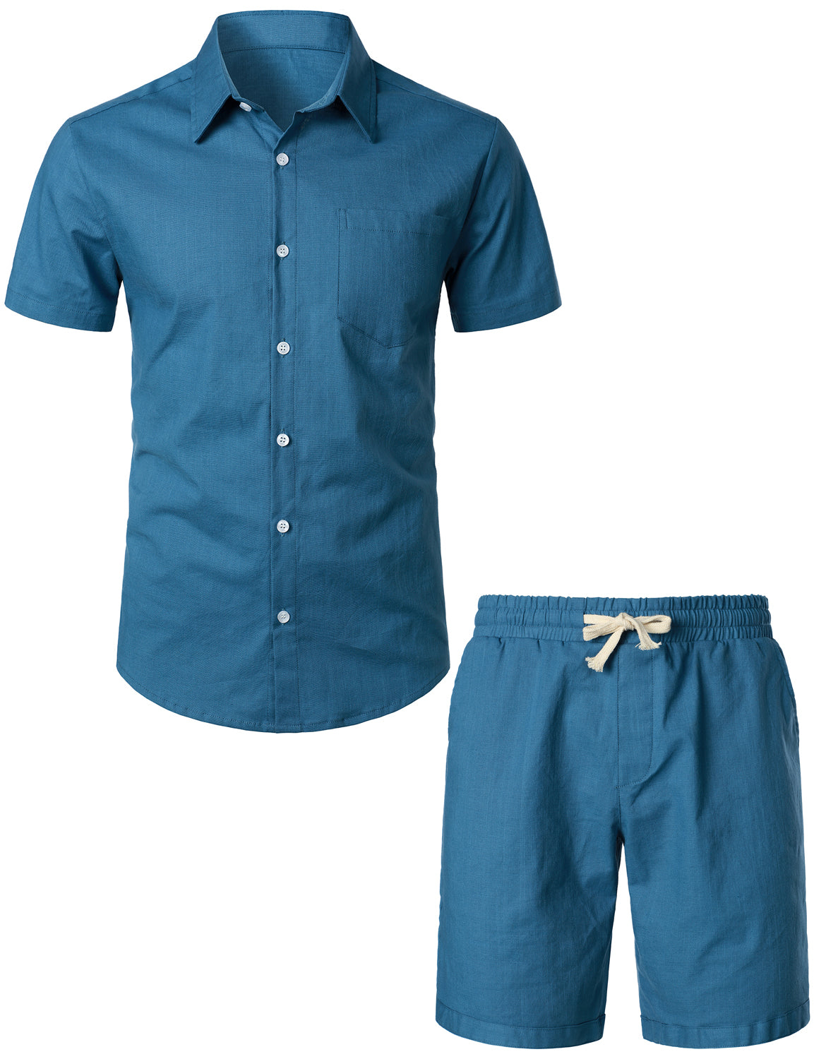 Set da uomo in lino e cotone color blu navy, composto da camicia a maniche corte con tasche e pantaloni corti abbinati