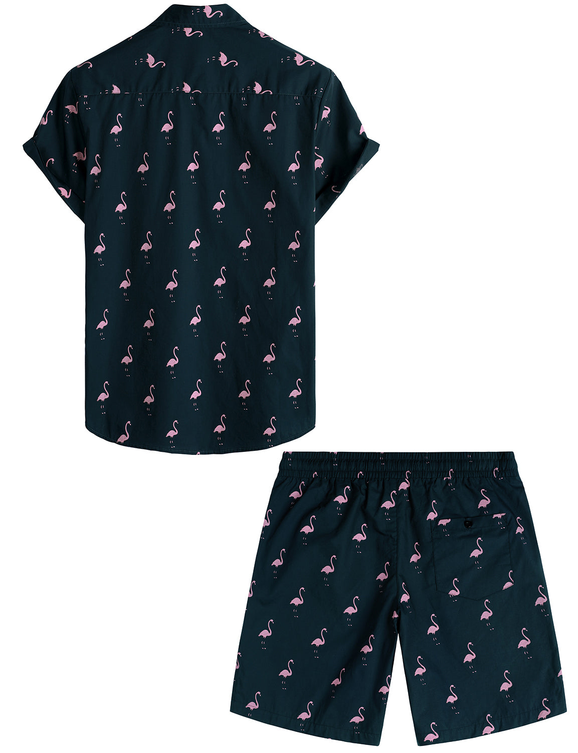 Set di Camicia e Pantaloni Corti in Cotone Estivo Blu con Fenicotteri per Uomo