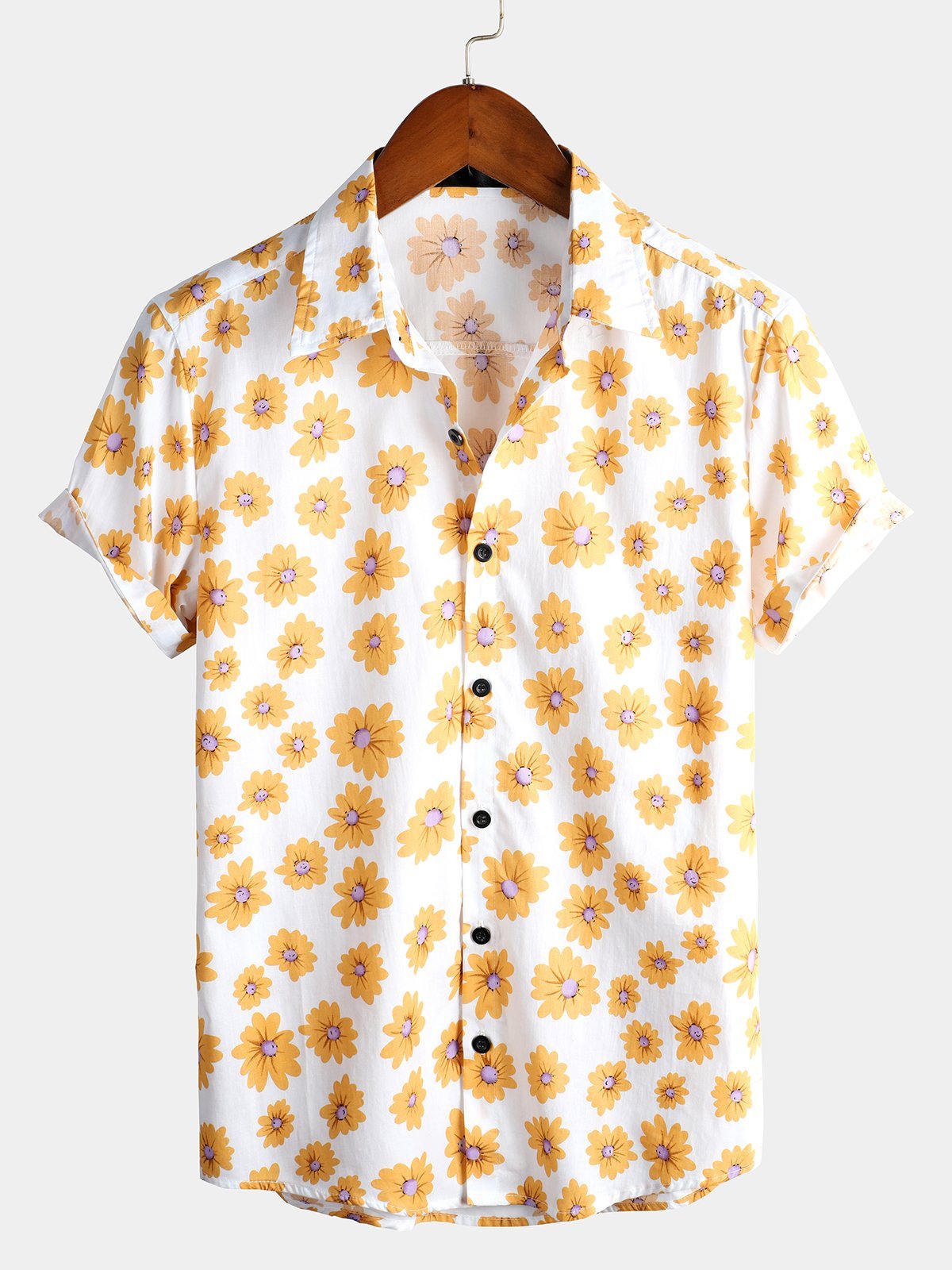 Camicia a maniche corte con stampa a fiori di margherite da uomo