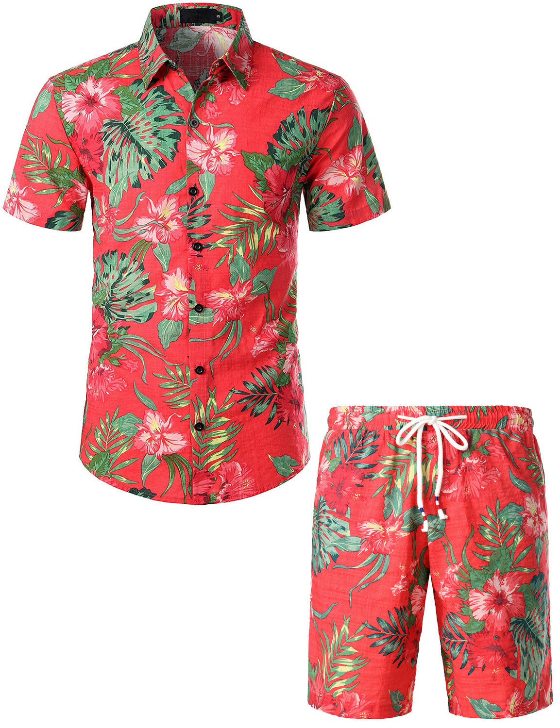 Set Camicia e Pantaloni Corti Coordinati da Uomo con Fiori Tropicali Hawaii