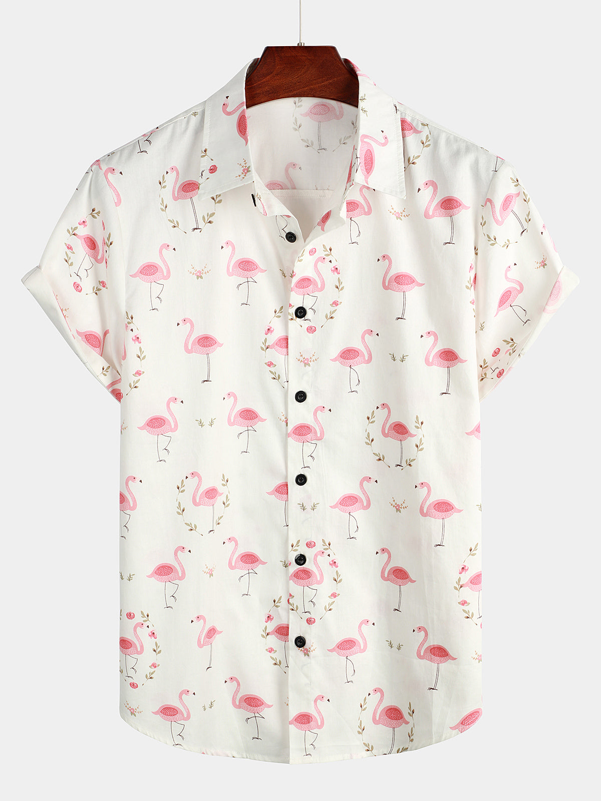 Camicia corta da uomo casual in cotone con stampa di fenicotteri