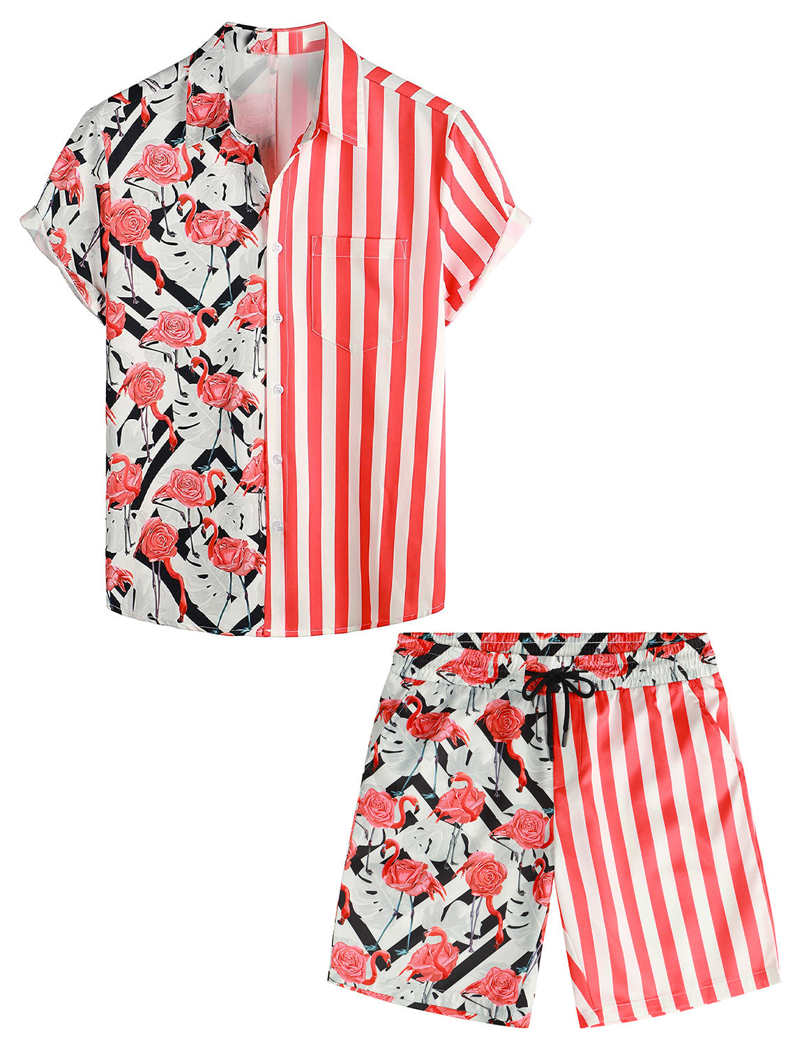 Set da uomo in camicia hawaiana e pantaloni corti a 2 pezzi con fenicottero e righe rosse