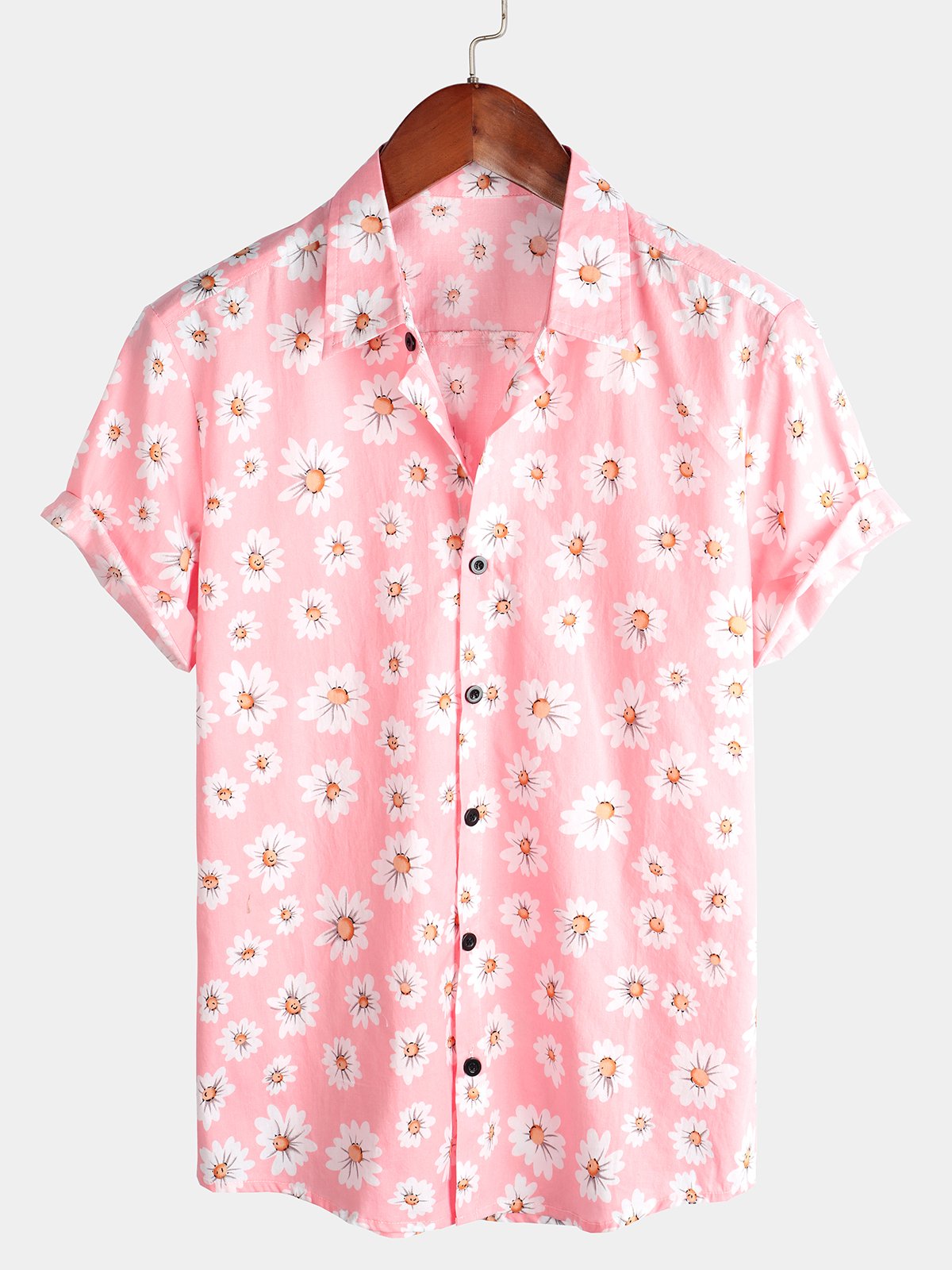 Camicia da uomo in cotone tropicale con stampa floreale rosa a margherita