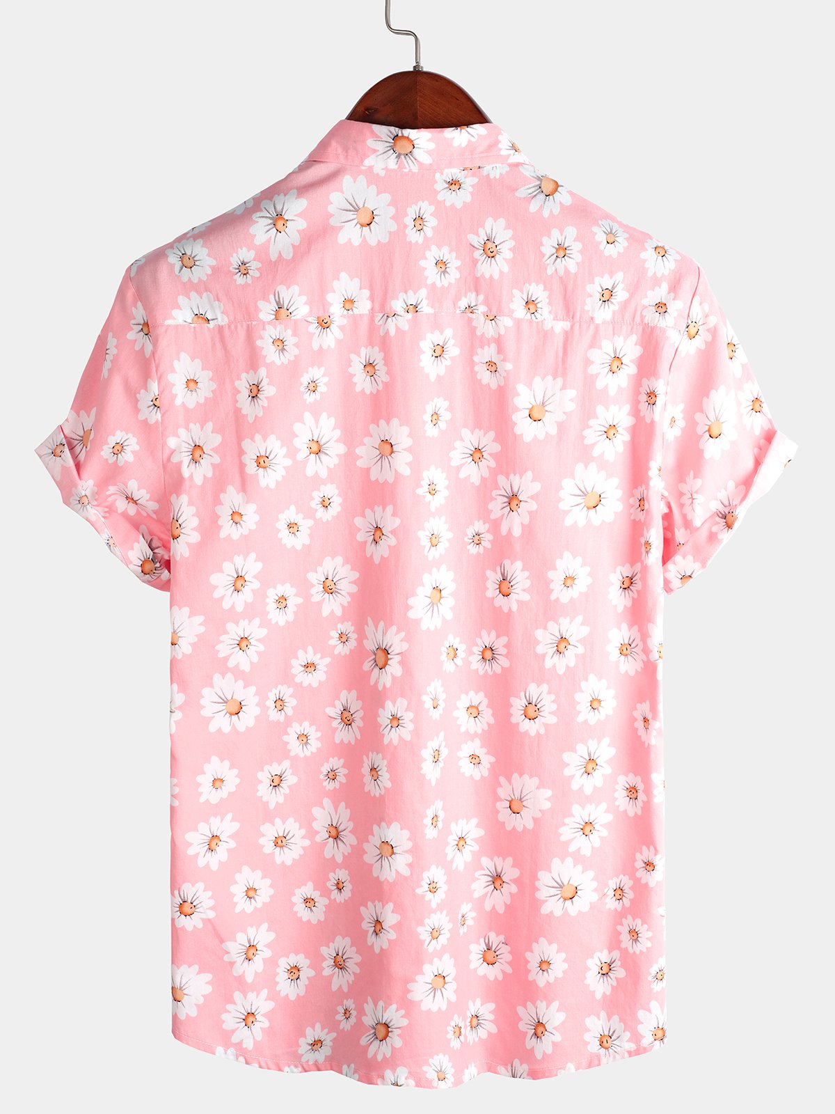 Camicia da uomo in cotone tropicale con stampa floreale rosa a margherita