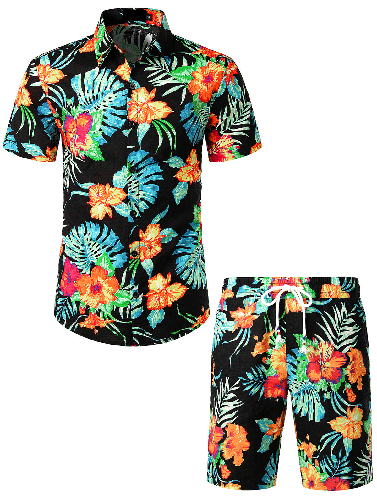 Set Camicia e Pantaloni Corti Coordinati da Uomo con Fiori Tropicali Hawaii