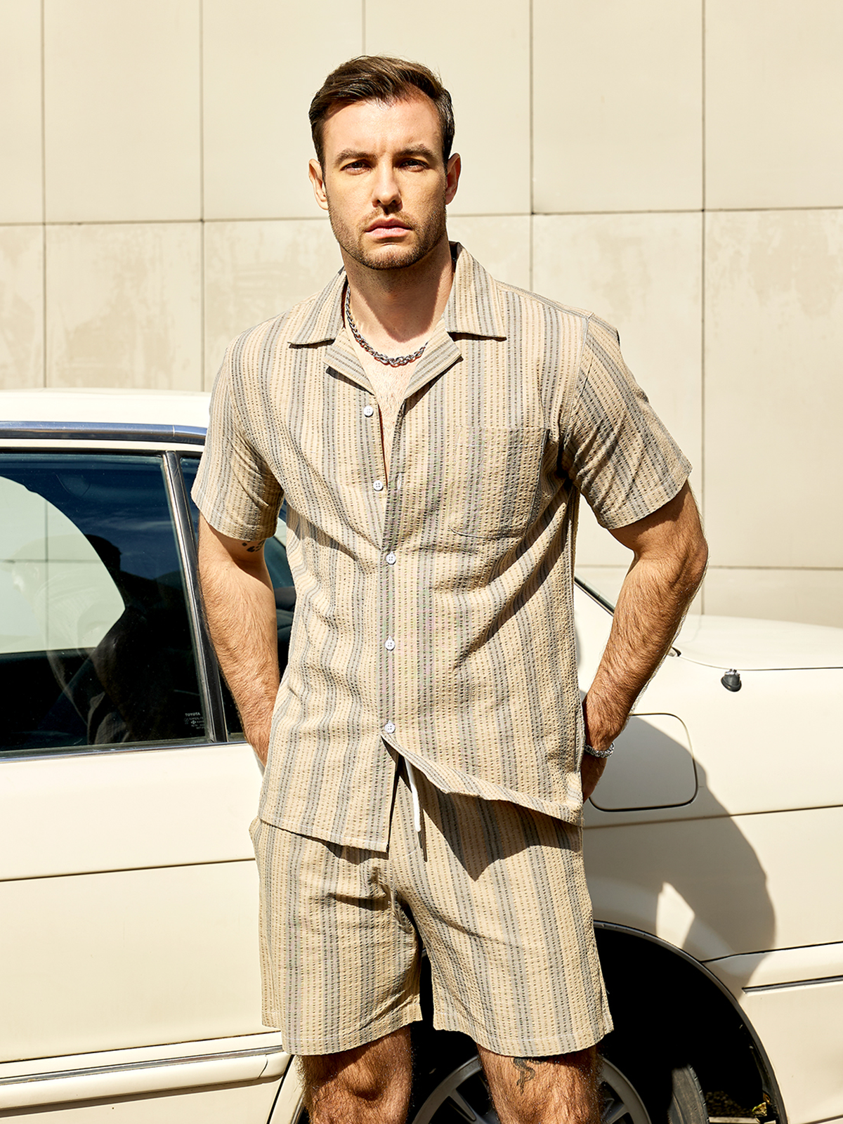 Set Camicia e Pantaloni Corti da Spiaggia in Cotone Hawaii Casual Estivi da Uomo