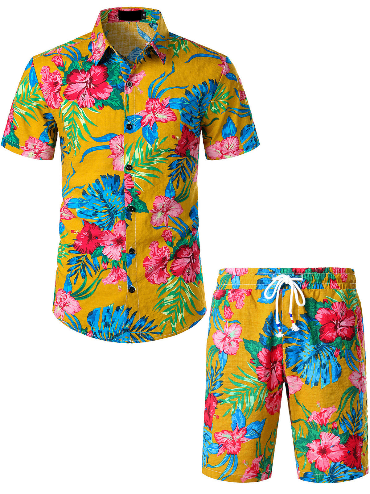 Set Camicia e Pantaloni Corti Coordinati da Uomo con Fiori Tropicali Hawaii