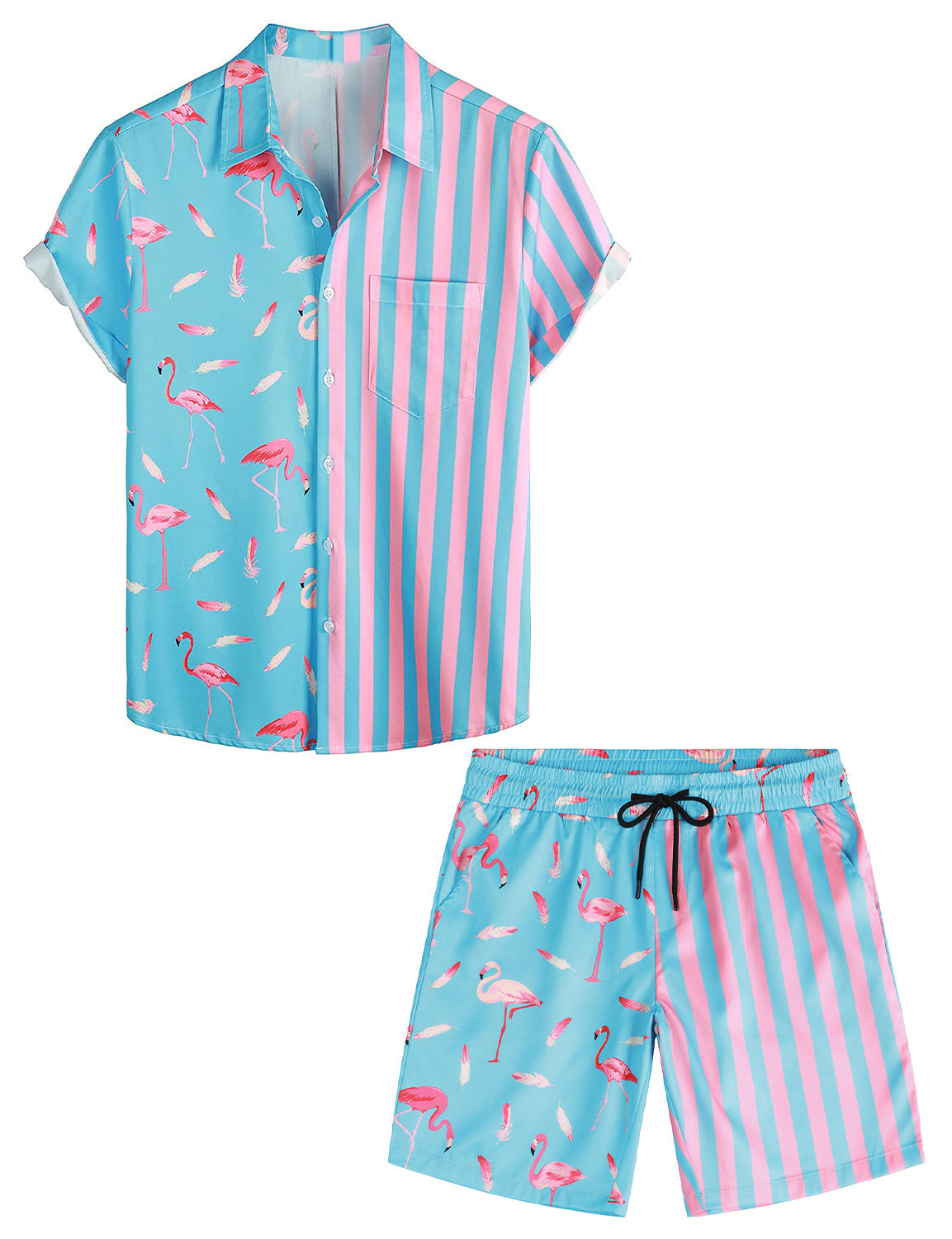 Set da uomo in camicia e pantaloni corti abbinati con stampa righe di fenicottero rosa, camicia a maniche corte con tasca