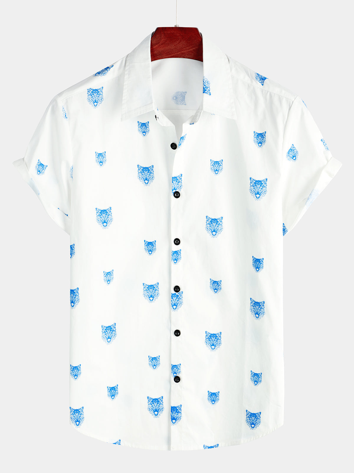 Camicia casual a maniche corte da uomo con motivo a lupo