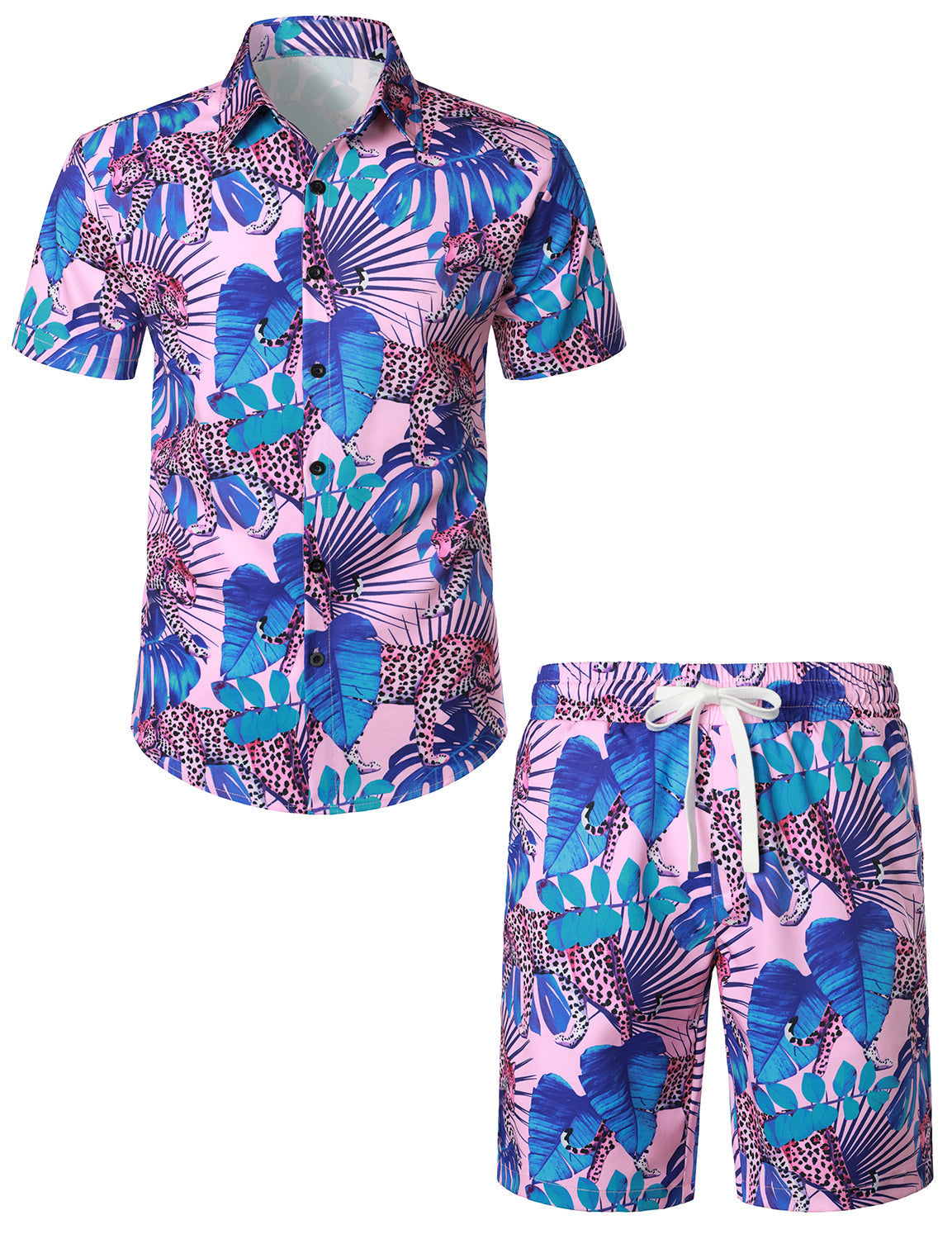 Set da uomo in camicia hawaiana con stampa di fenicotteri e pantaloni corti