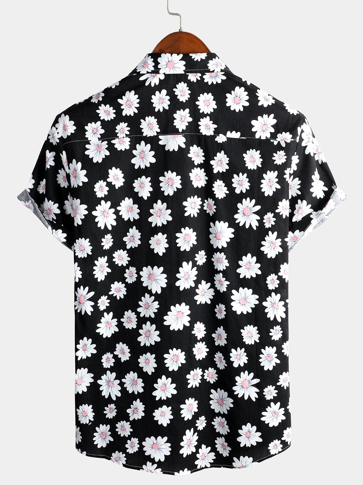 Camicia nera in cotone tropicale con stampa floreale a margherita da uomo