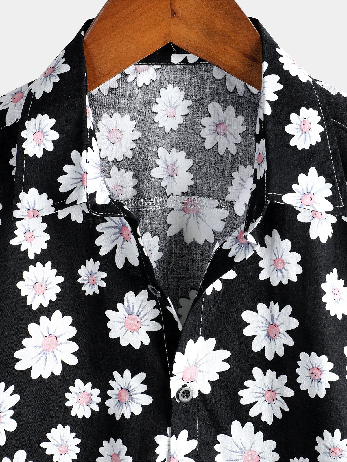 Camicia nera in cotone tropicale con stampa floreale a margherita da uomo