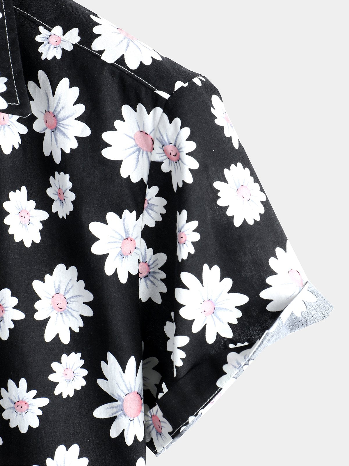 Camicia nera in cotone tropicale con stampa floreale a margherita da uomo