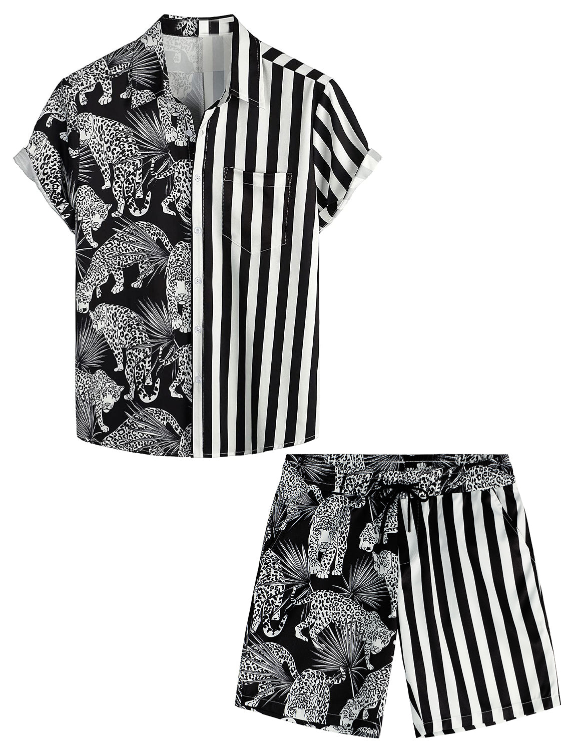 Set da uomo in camicia e pantaloni corti abbinati con stampa righe di fenicottero rosa, camicia a maniche corte con tasca