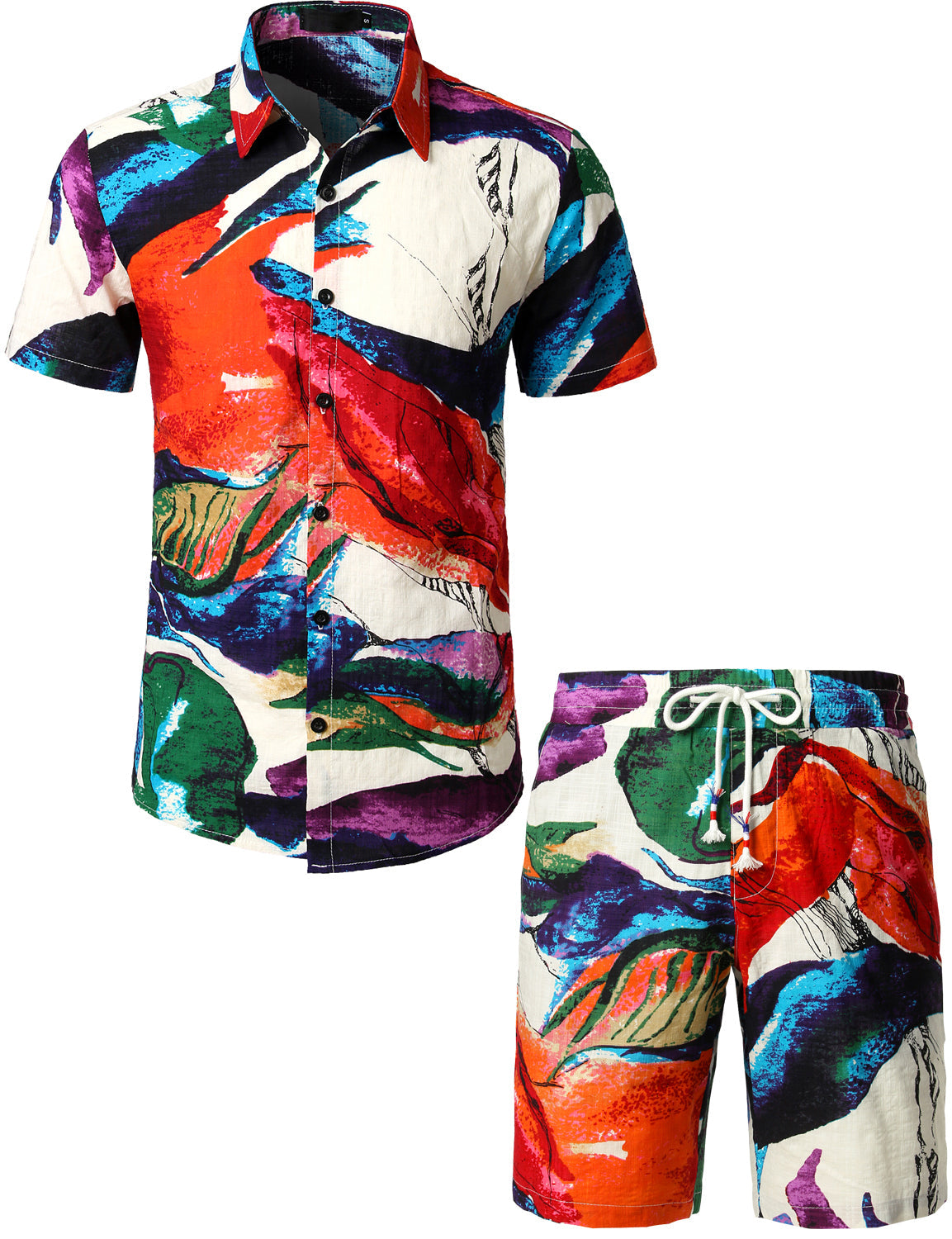 Set Camicia e Pantaloni Corti Coordinati da Uomo con Fiori Tropicali Hawaii