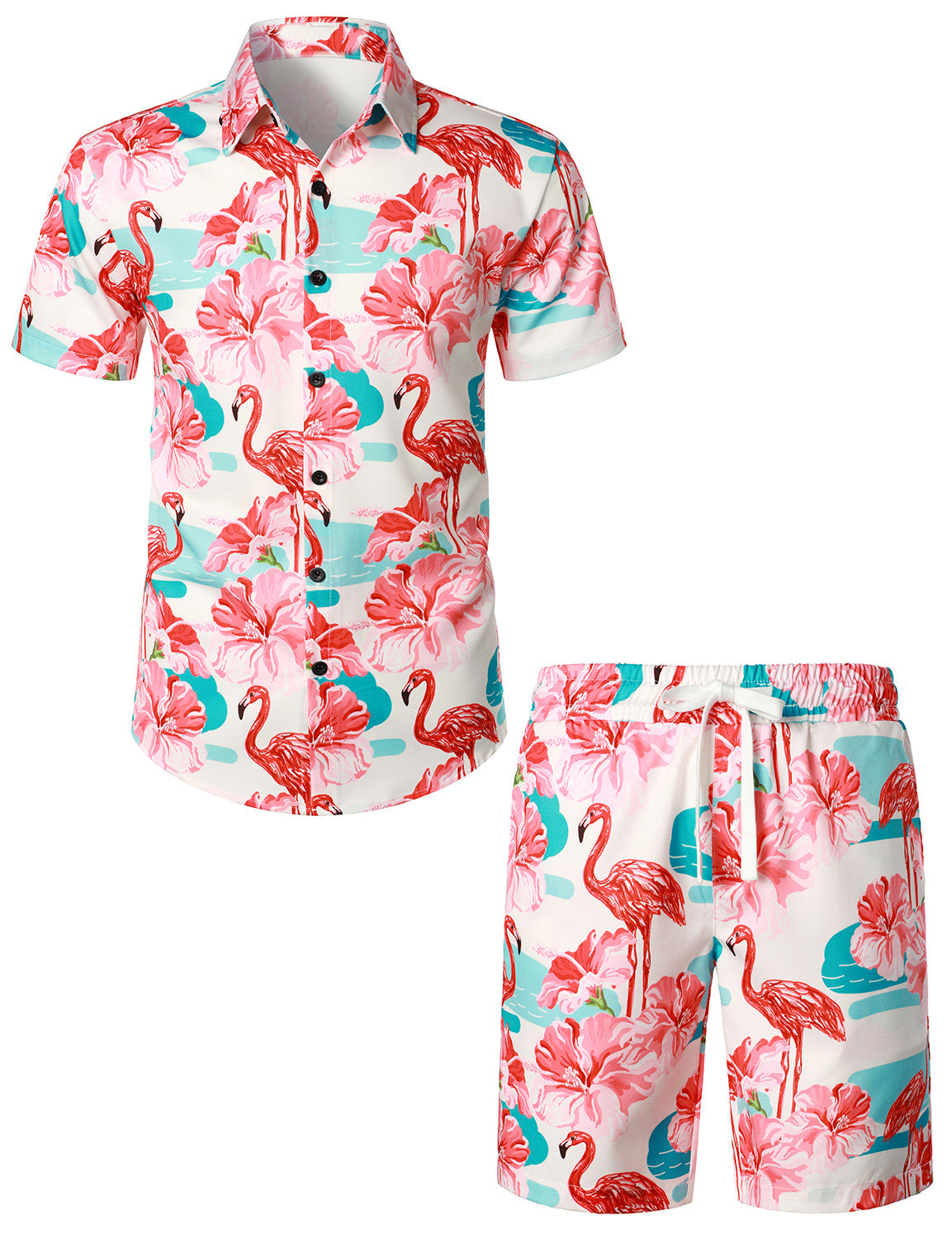 Set da uomo in camicia hawaiana con stampa di fenicotteri e pantaloni corti
