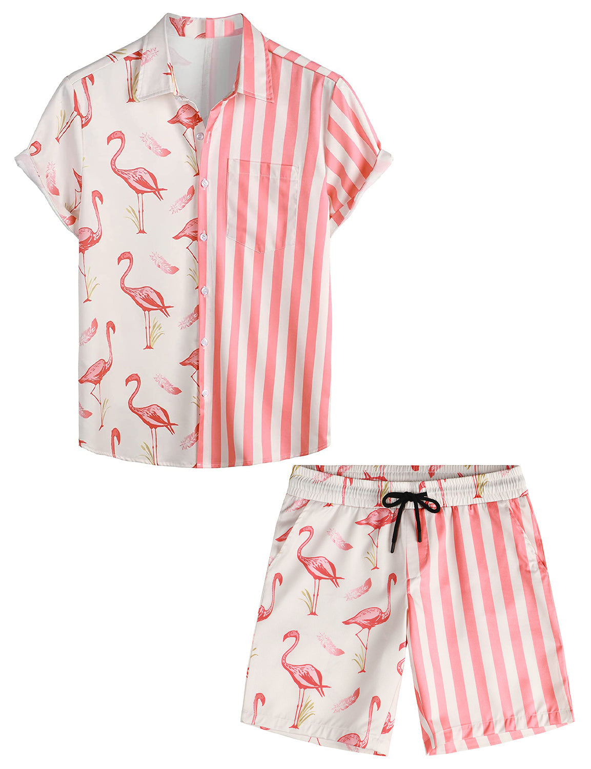 Set da uomo in camicia e pantaloni corti abbinati con stampa righe di fenicottero rosa, camicia a maniche corte con tasca