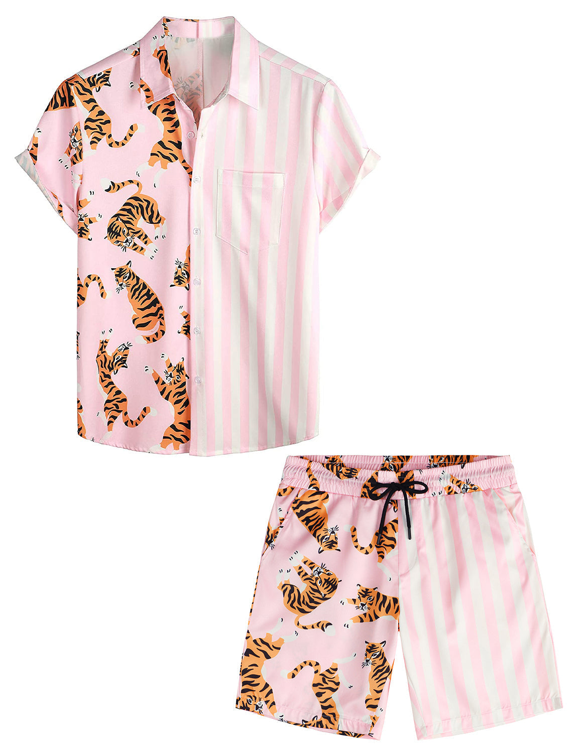 Set da uomo in camicia e pantaloni corti abbinati con stampa righe di fenicottero rosa, camicia a maniche corte con tasca